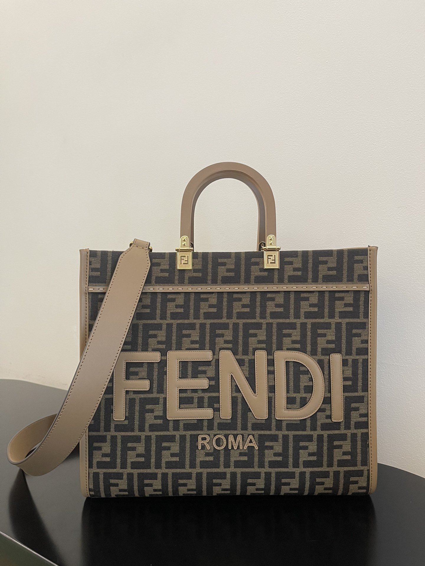 Fendi Medium Sunshine Shopper Brown FF Jacquard Fabric Bag